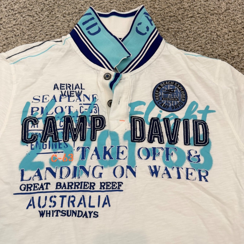 Camp David White Graphic Polo Shirt Seaplane Australia Great Barrier Reef Men XL